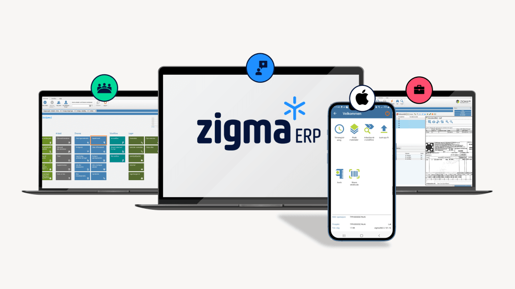 Skjermbilder av Zigma ERP vist på pc og mobil